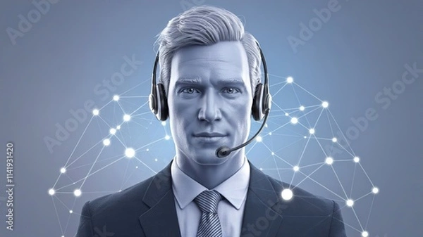 Fototapeta modern businessman with a headset. The businessman is isolated on a soft blue background