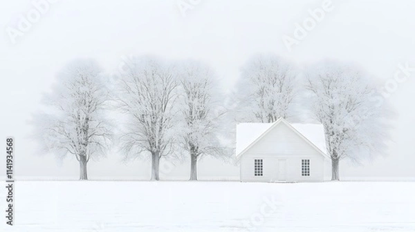 Obraz Home insulation becomes vital in this serene winter landscape, where a quaint white house stands amidst frosted trees, reflecting tranquility and isolation.