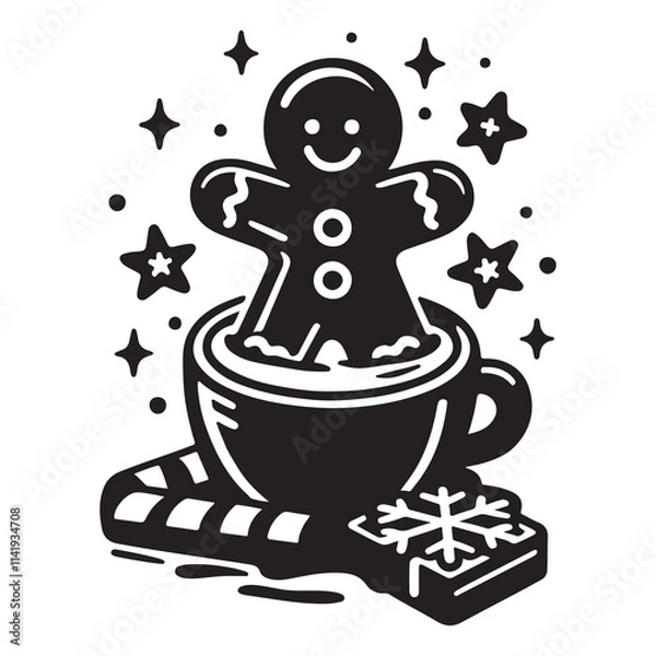 Fototapeta Cheerful gingerbread man sits inside a festive cup, surrounded by sparkles, perfect for Christmas themes. Black and white holiday vector illustration ideal for prints and designs.