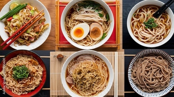 Fototapeta Asian Noodle Collection: Pad Thai, Ramen, Pho, Udon, and Soba 