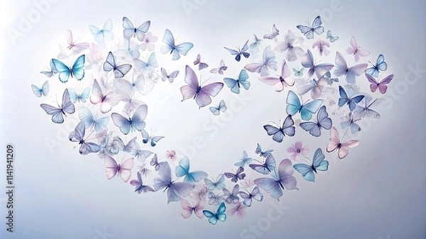 Fototapeta A gentle flurry of pastel butterflies forms a heart shape against a soft, light background