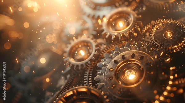 Fototapeta Glowing metal gears in motion with sparks and warm light