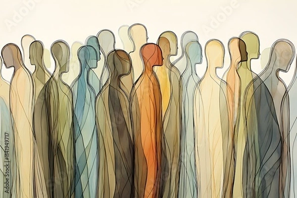 Fototapeta A line-art design of human figures drawn with thin black lines, filled with solid colors in soft earth tones like sand, olive, and rust