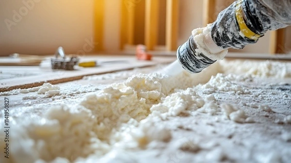 Obraz Home insulation is vividly portrayed as a worker carefully applies foam, enhancing energy efficiency. The warm tones evoke a sense of comfort and progress.