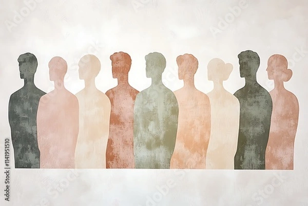 Fototapeta A minimalist composition featuring abstract human silhouettes in flat, muted tones like beige, terracotta, and olive green