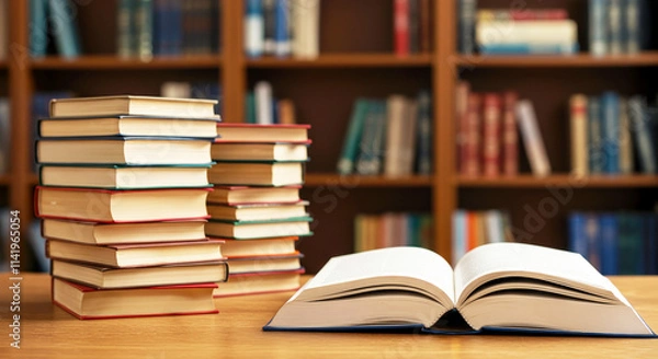 Fototapeta Stacked books and an open book on a library desk