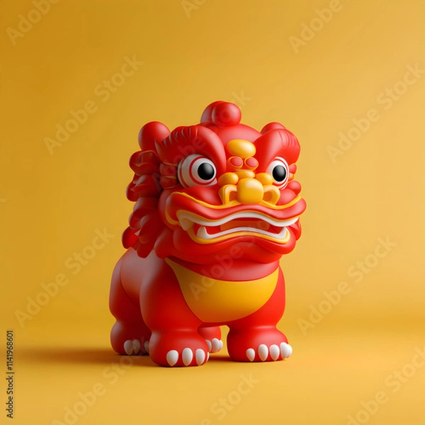 Fototapeta 3d chinese traditional lion sculpture asset creative design showcase vibrant yellow background artistic perspective