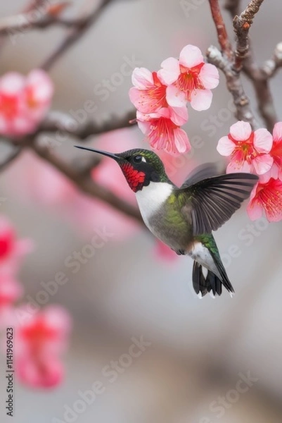 Fototapeta Hummingbird in Flight Amidst Delicate Blossoms, Capturing a Fleeting Moment of Natural Beauty.
