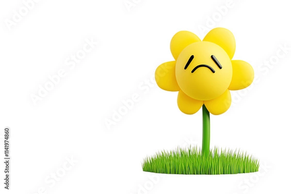 Fototapeta A sad, cartoon-style yellow flower with a frowning face and green stem, sitting on a patch of grass.
