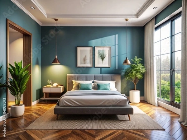 Fototapeta Bird's Eye View 3D Render: Empty Bedroom with Blank Canvas - Interior Design Inspiration
