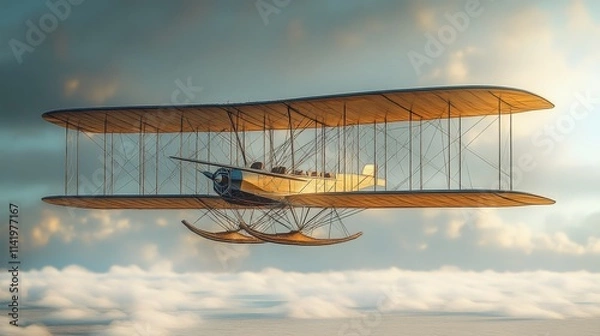 Fototapeta Vintage Biplane Flying Over Clouds in a Dramatic Sky at Sunrise, Showcasing Early Aviation Technology and Aesthetic Design Features of Historic Aircraft