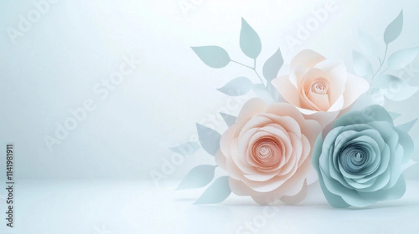 Obraz Pastel paper roses with leaves on soft blue background