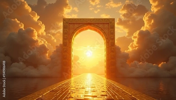 Fototapeta door to the sky gold gate in heaven rich and magnificent golden gate wide open floating among beautiful clouds