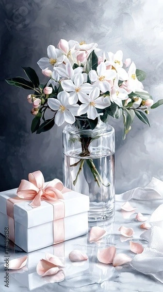 Obraz   A white vase filled with flowers adjacent to a white box adorned with a pink ribbon, and another white container adorned with a pink bow