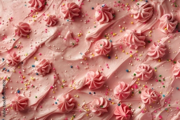 Fototapeta Pink frosting swirls and colorful sprinkles on a cake