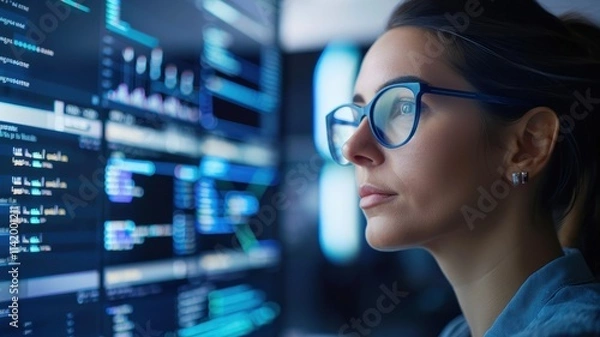 Fototapeta A focused woman with glasses analyzes data on multiple screens, showcasing the intersection of technology and concentration.