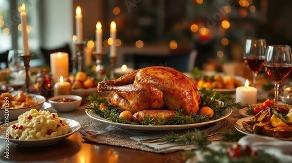 Fototapeta Festive Christmas dinner with roasted turkey, mashed potatoes, and cranberry sauce. Warm candlelight and Christmas tree in the background. Perfect for holiday cards and festive menus