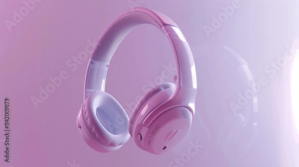 Fototapeta Sleek silver metallic wireless headphones floating in the air on a lavender purple background, showcasing minimalist design, trendy accessories, and premium audio technology for music lovers and tech.