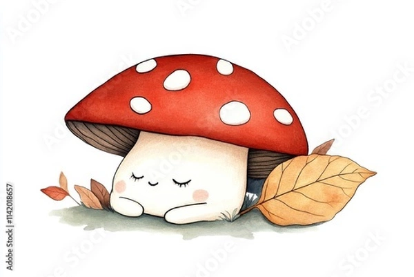 Obraz A cute, cartoon-style mushroom resting under leaves, evoking a sense of calm and nature's charm.