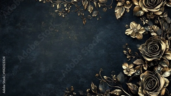 Obraz Gold Roses and Leaves on Dark Background