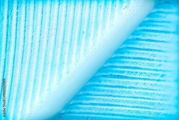Obraz A macro photograph showcasing the intricate texture of a blue feather, revealing fine barbs and a central rachis
