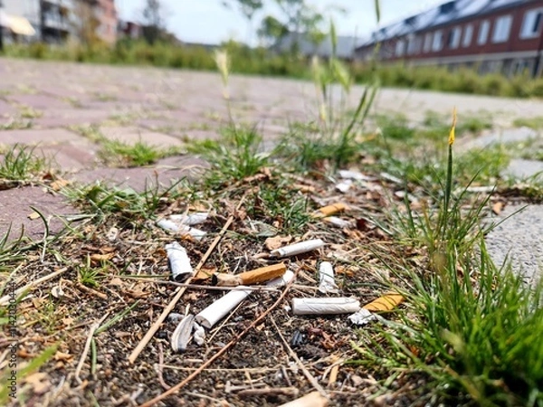 Fototapeta Smoked burnt cigarette butts and filters have been thrown away as litter on the street and lie on and next to the sidewalk in a residential area