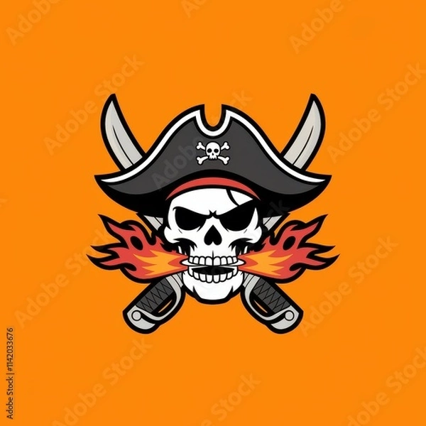 Fototapeta Fiery Skull Pirate With Crossed Swords Design