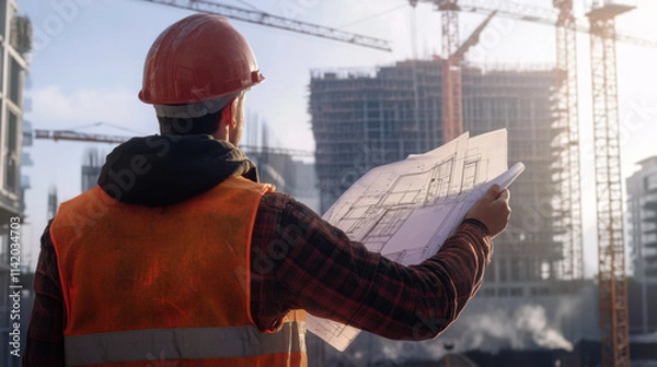 Fototapeta Construction Worker Analyzing Blueprints at Sunrise with Cranes in Background, Urban Development Scene Capturing Workplace Safety and Planning in Action