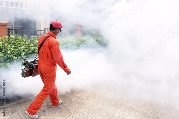 Fototapeta The employees of the municipality made by injection to control scourge of mosquitoes.