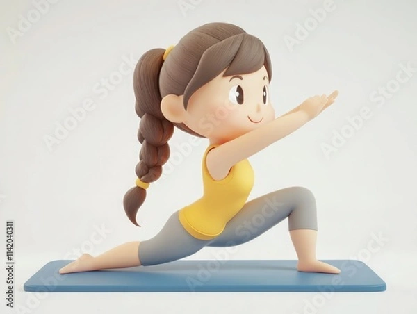 Obraz Animated character practicing yoga in a bright and cheerful environment on a blue mat