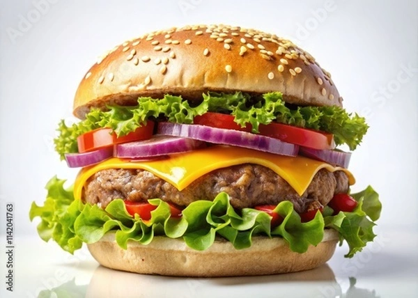 Fototapeta A juicy, delicious burger in high-resolution PNG format, perfectly isolated on a white background.