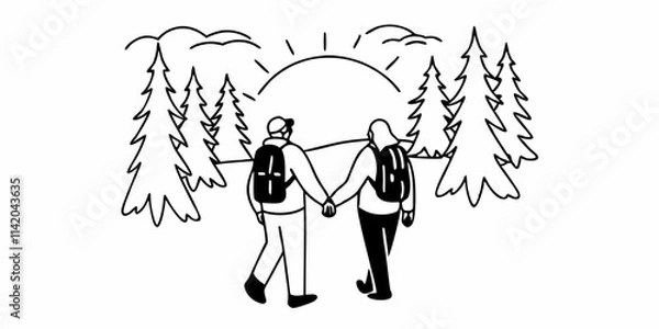 Fototapeta Couple with backpacks hiking together in forest during sunset
