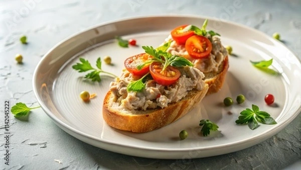 Fototapeta Drone's-eye view: gourmet tuna pâté bruschetta and delicate fish rillettes sandwich.