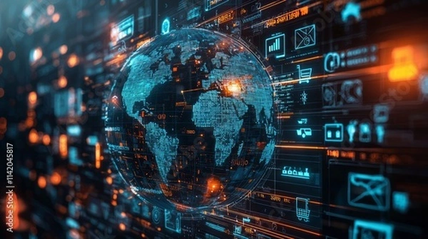 Obraz Emerging market e-commerce growth: A digital globe surrounded by shopping icons and trends, symbolizing e-commerce in global markets