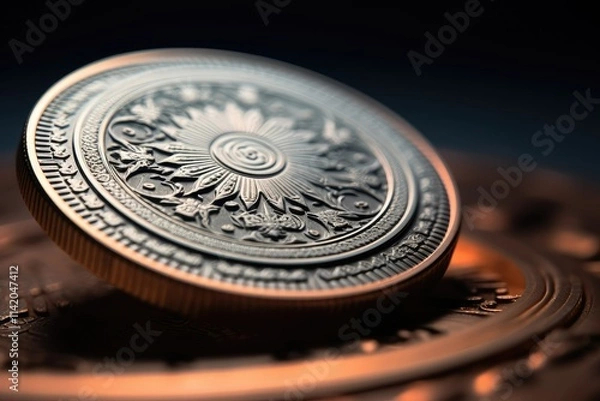 Obraz A Close Up Photographic Examination of an Isolated Coin Situated on an Unblemished White Surface Revealing Its Intricate and Delicate Details