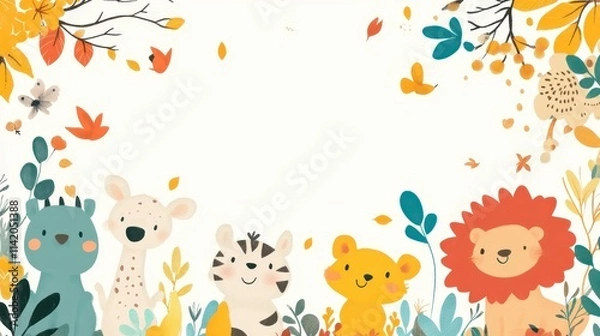 Fototapeta Cartoon Animal Border Background - A Whimsical Frame for Colorful and Playful Scenes. The Adorable Cartoon Animals Forming the Border, with Their Cheerful Expressions and Cute Shapes