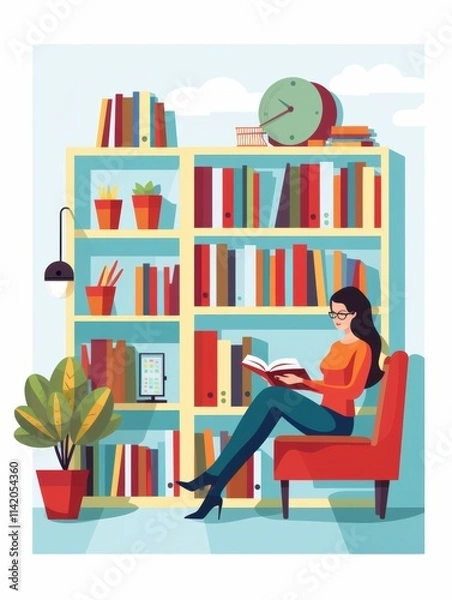 Fototapeta Woman enjoying a peaceful reading session in a vibrant library, surrounded by colorful bookshelves and decorative elements, highlighting the importance of continuous learning and relaxation.
