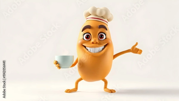 Obraz Cheerful potato character chef with hot beverage.