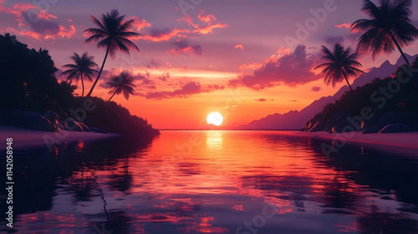 Fototapeta A Dreamy Sunset Beach Scene in Cubism Reflecting Tranquility through Vibrant Color Fragmentation and Abstract Imagery