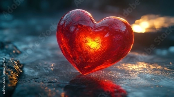 Fototapeta Glowing red glass heart on dark surface.