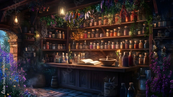 Fototapeta Enchanting Scene Inside a Medieval Apothecary Surrounded by the Fragrance of Herbs and Ancient Remedies