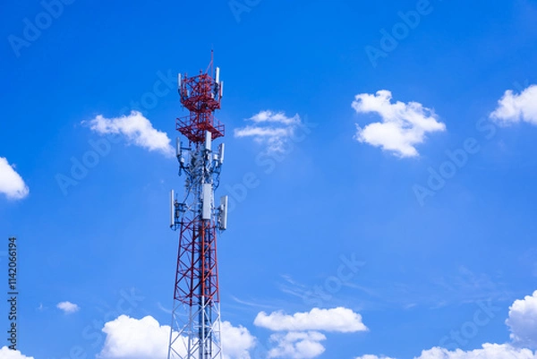 Fototapeta Telecommunications tower, transmitter, wireless communication antenna 5G cellular network, global connectivity In the background, the sky is bright