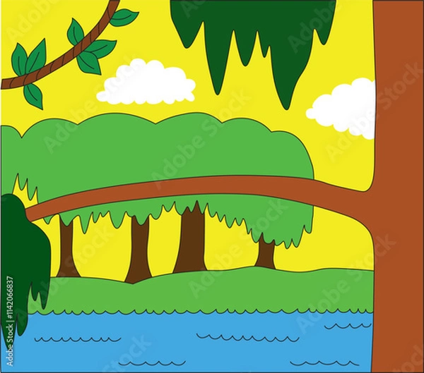 Fototapeta tropical tree branch with green hanging crown against tropical forest background during daytime, river flows in forest
