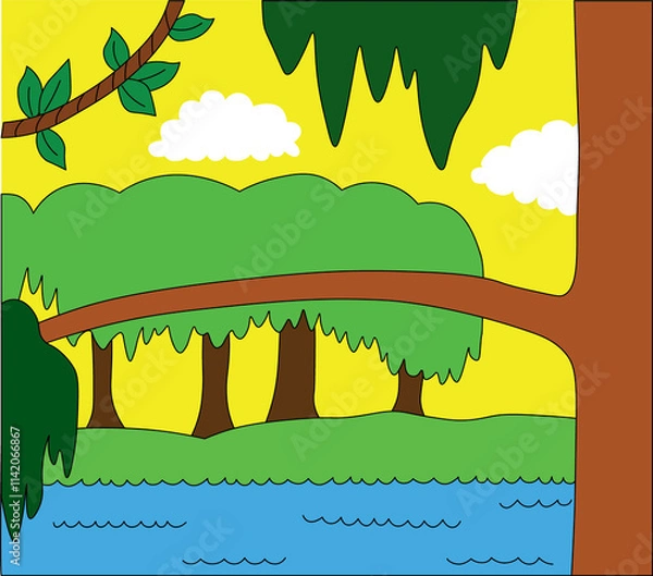 Fototapeta tropical tree branch with green hanging crown against tropical forest background during daytime, river flows in forest