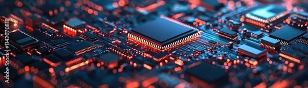 Fototapeta Glowing Microchips on Circuit Board Tech Background