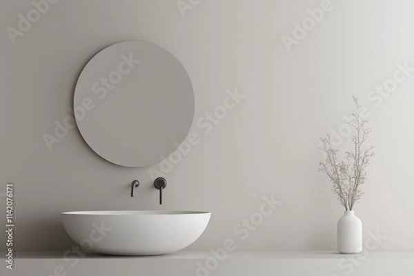 Fototapeta A minimalist bathroom with a floating mirror, simple faucet design, and a calm neutral color scheme for a modern appeal.