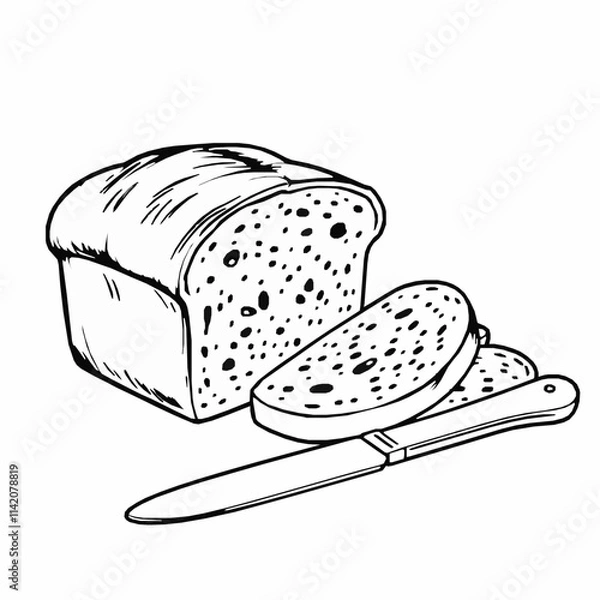 Fototapeta bread loaf outline vector illustration with slices and butter knife