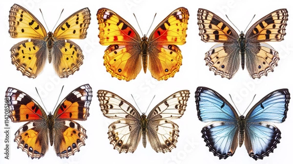 Fototapeta Colorful butterflies isolated on white background, showcasing diverse patterns