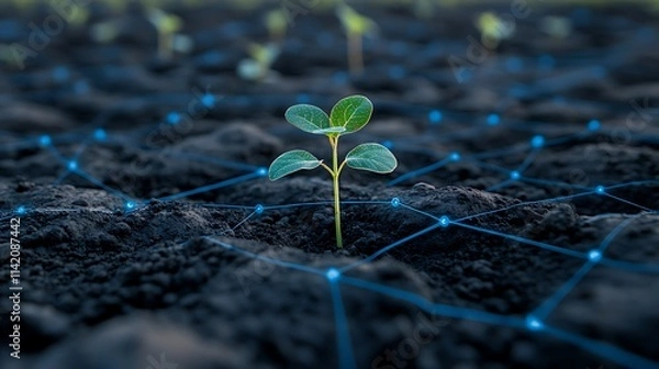 Fototapeta Fresh green plant emerging from dark soil with glowing network connections symbolizing technology and nature