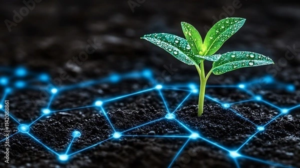 Fototapeta Fresh Green Plant with Dew on Soil Surface and Digital Network Connection Representing Technology and Nature